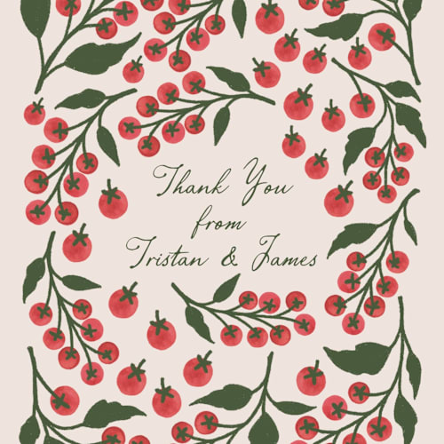 This is a tomato thank you postcards by Katharine Watson called cherry tomatoes printing on signature in postcard