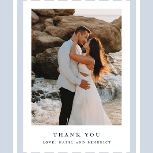 This is a powder blue thank you postcards by chocomocacino called melihrolo printing on signature in postcard