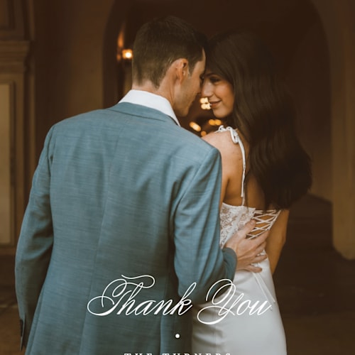 This is a tuxedo thank you postcards by Carolyn MacLaren called timeless together printing on signature in postcard