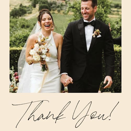 This is a champagne thank you postcards with standard by Wallace Design Co. called french whimsy script printing on signature in postcard