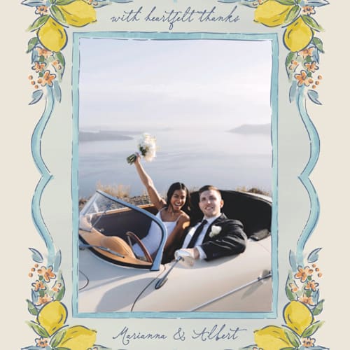 This is a aqua thank you postcards with standard by Chris Griffith called amalfi coast wedding printing on signature in postcard