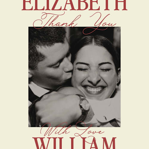 This is a burgundy thank you postcards with standard by Helena Vitto called elizabeth printing on signature in postcard