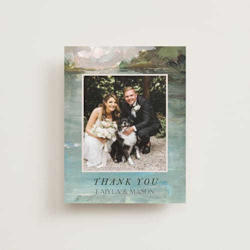 This is a lake wedding thank you cards with standard by Lindsay Megahed called reflections printing on recycled smooth signature in standard