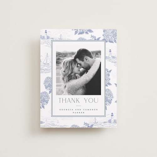 This is a periwinkle wedding thank you cards with standard by Jenna Holcomb called coastal toile printing on recycled smooth signature in standard