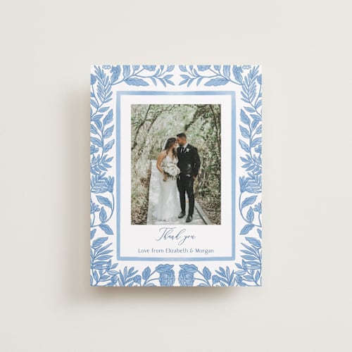 This is a porcelain wedding thank you cards with standard by Elly called porcelain floral printing on recycled smooth signature in standard