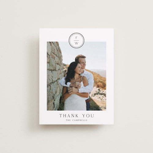 This is a cotton wedding thank you cards with standard by Stacey Meacham called circle monogram printing on recycled smooth signature in standard