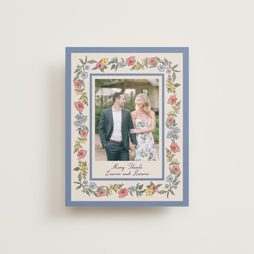 This is a cornflower wedding thank you cards with standard by Chris Griffith called a wedding in low country printing on recycled smooth signature in standard