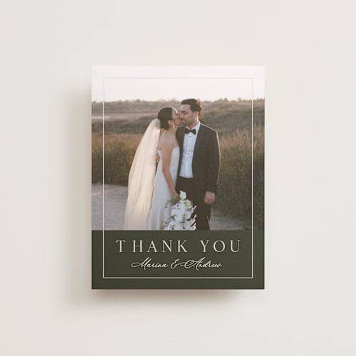This is a deep olive wedding thank you cards with standard by Nicole Walsh called refined printing on recycled smooth signature in standard