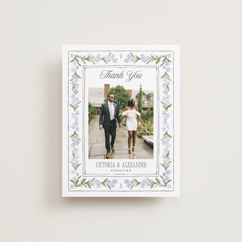 This is a wisteria wedding thank you cards with standard by Jenna Holcomb called vintage sketched printing on recycled smooth signature in standard