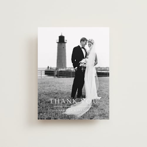 This is a simply white wedding thank you cards with standard by Jennifer Postorino called rhythmic printing on recycled smooth signature in standard