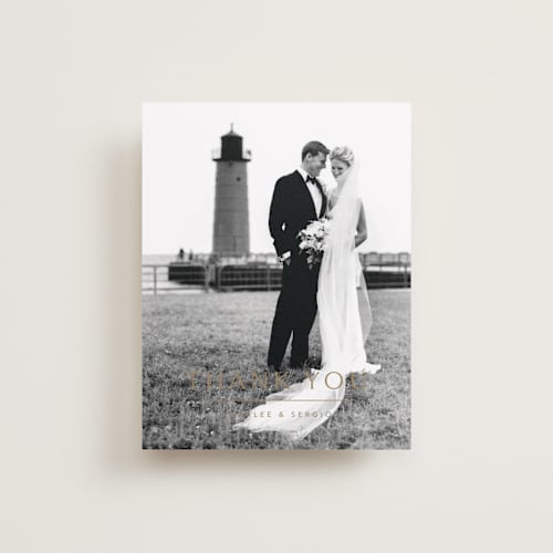 This is a champagne wedding thank you cards with standard by Jennifer Postorino called rhythmic printing on recycled smooth signature in standard