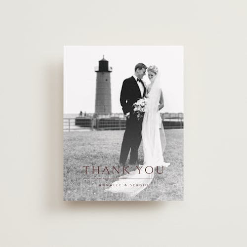 This is a burgundy wedding thank you cards with standard by Jennifer Postorino called rhythmic printing on recycled smooth signature in standard