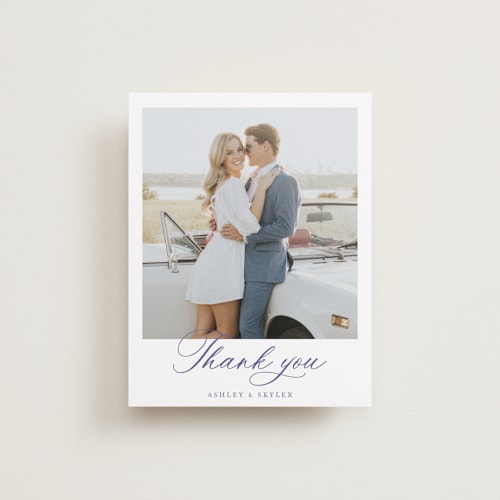This is a dusty blue wedding thank you cards with standard by Cass Loh called watercolor flowers crest printing on recycled smooth signature in standard