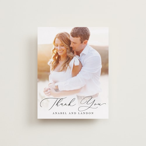 This is a black tie wedding thank you cards with standard by Hooray Creative called luxe script printing on recycled smooth signature in standard