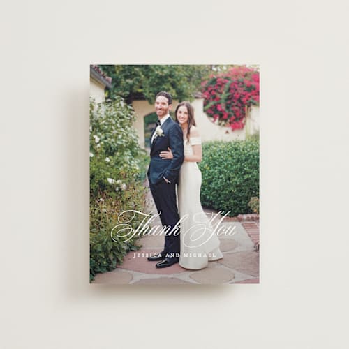 This is a dusty blue wedding thank you cards with standard by Jennifer Postorino called empire printing on recycled smooth signature in standard