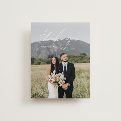 This is a linen wedding thank you cards with standard by Brandy Folse called everlasting love printing on recycled smooth signature in standard