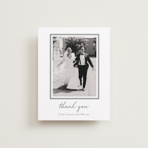 This is a sage wedding thank you cards with standard by Sara Hicks Malone called signature monogram printing on recycled smooth signature in standard