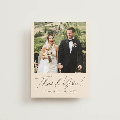 This is a champagne wedding thank you cards with standard by Wallace Design Co. called french whimsy script printing on recycled smooth signature in standard