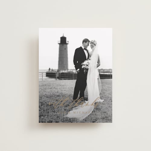 This is a golden wedding thank you cards with standard by Jennifer Postorino called delicate printing on recycled smooth signature in standard