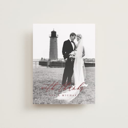 This is a burgundy wedding thank you cards with standard by Jennifer Postorino called delicate printing on recycled smooth signature in standard
