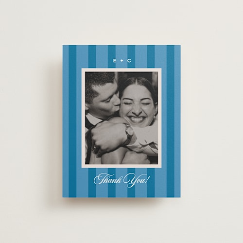 This is a cerulean wedding thank you cards with standard by Kristie Kern called the emma printing on recycled smooth signature in standard