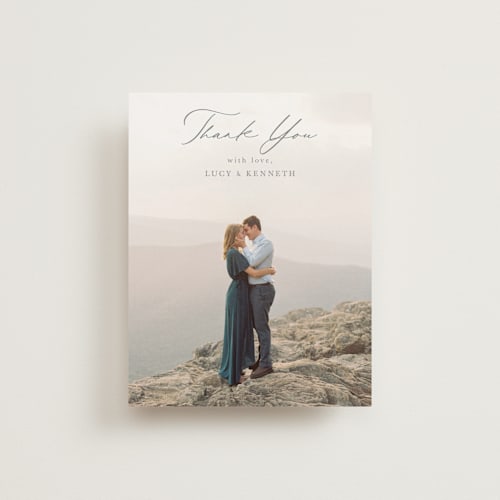 This is a pewter wedding thank you cards with standard by Sarah Brown called mountainview printing on recycled smooth signature in standard