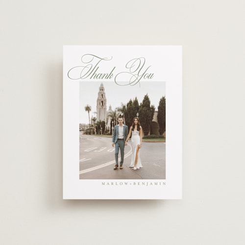 This is a garden wedding thank you cards with standard by Kelly Schmidt called chic script printing on recycled smooth signature in standard