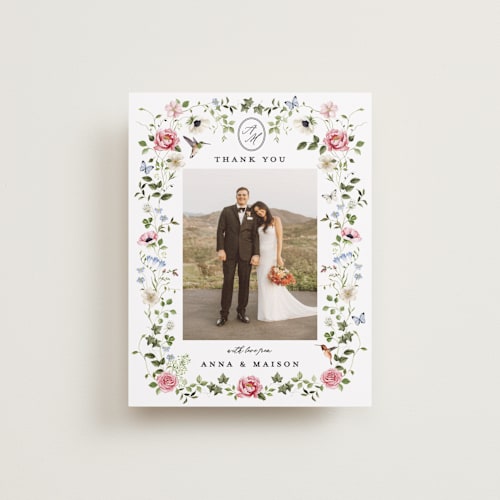This is a peony wedding thank you cards with standard by Sarah Knight called ornate printing on recycled smooth signature in standard