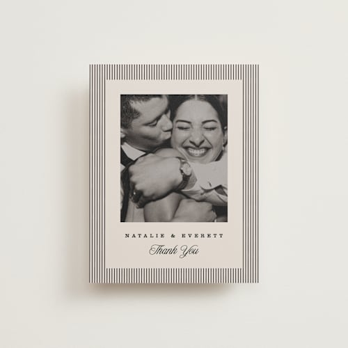 This is a noir wedding thank you cards with standard by Pixel and Hank called linea printing on recycled smooth signature in standard