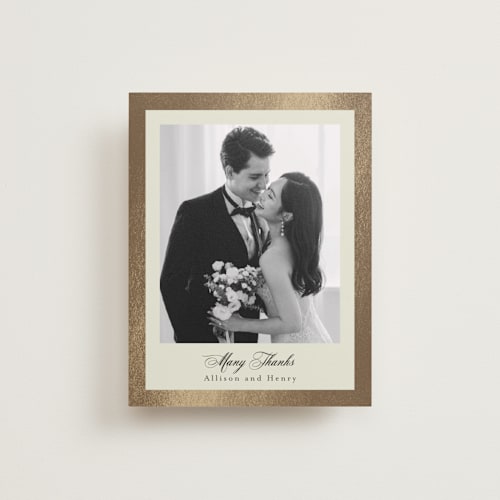 This is a champagne wedding thank you cards with foil pressed by Chris Griffith called all tied up printing on recycled smooth signature in standard