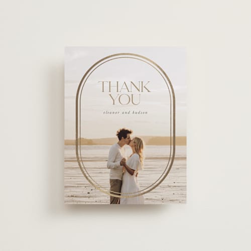 This is a sandstone wedding thank you cards with foil pressed by Lori Wemple called oval printing on recycled smooth signature in standard