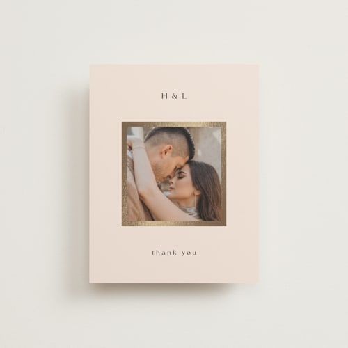 This is a latte wedding thank you cards with foil pressed by Stacy Maalouf called framed photo printing on recycled smooth signature in standard