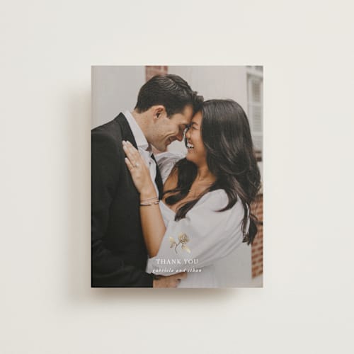 This is a classic bride wedding thank you cards with foil pressed by Design Lotus called here with you printing on recycled smooth signature in standard
