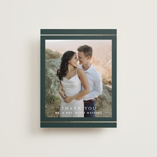 This is a forest wedding thank you cards with foil pressed by Stacey Meacham called style and grace printing on recycled smooth signature in standard
