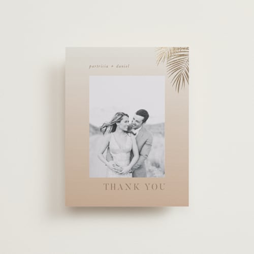 This is a tan wedding thank you cards with foil pressed by lulu and isabelle called sunset by the sea printing on recycled smooth signature in standard