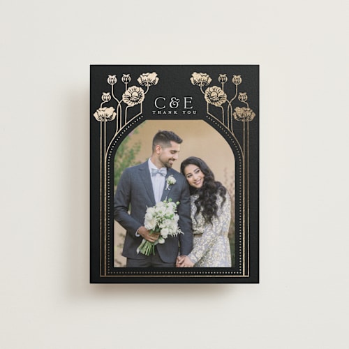 This is a onyx wedding thank you cards with foil pressed by Ana de Sousa called nouveau flowers printing on recycled smooth signature in standard