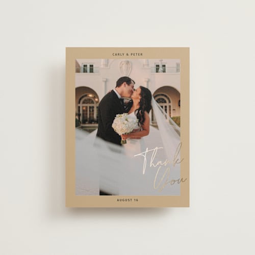 This is a taupe wedding thank you cards with foil pressed by Inkblot Design called metro printing on recycled smooth signature in standard