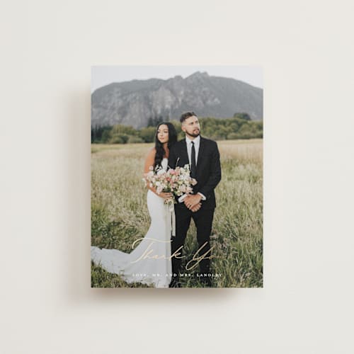 This is a hunter wedding thank you cards with foil pressed by Sarah Brown called peaks printing on recycled smooth signature in standard