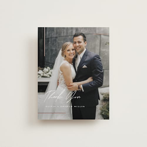 This is a snow wedding thank you cards with foil pressed by Michelle Taylor called simple lines printing on recycled smooth signature in standard