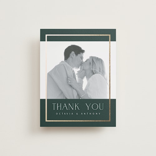 This is a evergreen wedding thank you cards with foil pressed by Nicole Walsh called regal printing on recycled smooth signature in standard