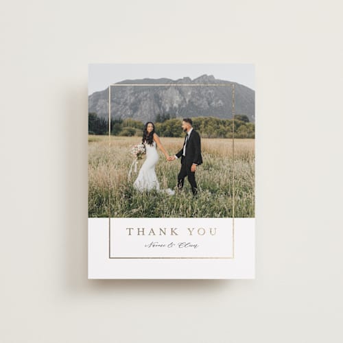 This is a pearl wedding thank you cards with foil pressed by Nicole Walsh called gilded frame printing on recycled smooth signature in standard