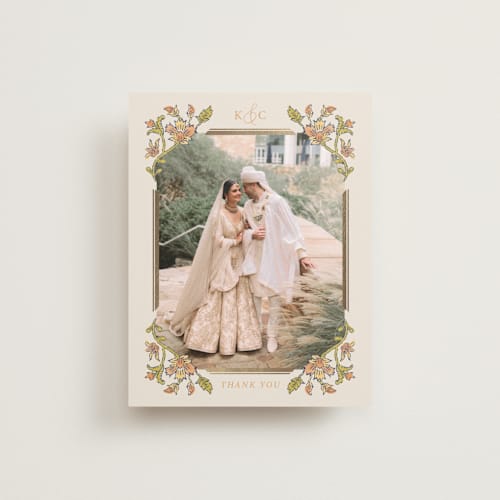 This is a ochre wedding thank you cards with foil pressed by Hannah Bowman called marigold printing on recycled smooth signature in standard