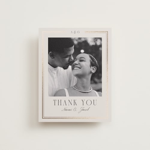 This is a champagne wedding thank you cards with foil pressed by Nicole Walsh called grace printing on recycled smooth signature in standard