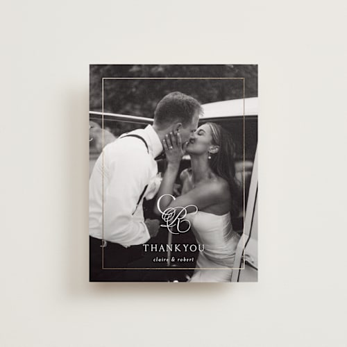 This is a silk wedding thank you cards with foil pressed by Kelly Schmidt called monogram script printing on recycled smooth signature in standard