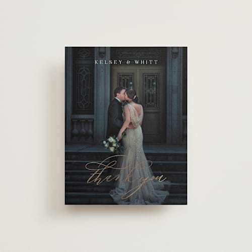 This is a stormy wedding thank you cards with foil pressed by Jessica Williams called over monogram printing on recycled smooth signature in standard