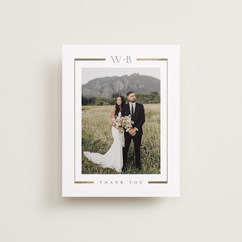 This is a cotton wedding thank you cards with foil pressed by Stacey Meacham called luster printing on recycled smooth signature in standard