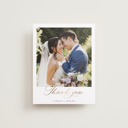 This is a dusty blue wedding thank you cards with foil pressed by Cass Loh called watercolor flowers crest printing on recycled smooth signature in standard