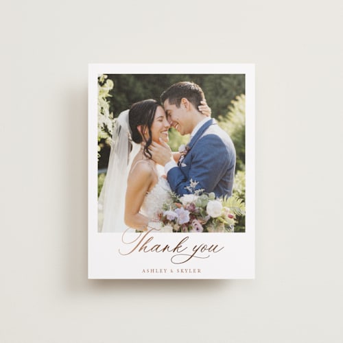 This is a rosewood wedding thank you cards with foil pressed by Cass Loh called watercolor flowers crest printing on recycled smooth signature in standard
