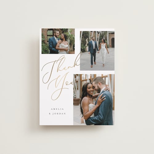 This is a snow wedding thank you cards with foil pressed by AK Graphics called whimsy printing on recycled smooth signature in standard