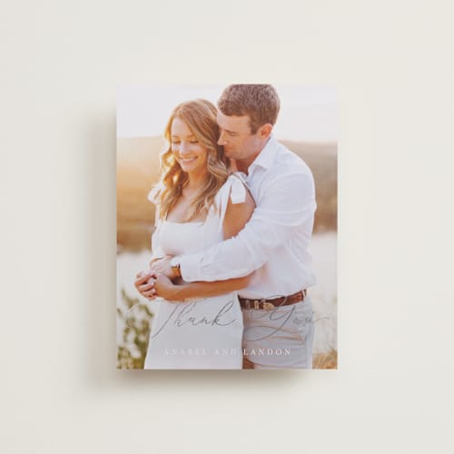 This is a lavender wedding thank you cards with foil pressed by Hooray Creative called luxe script printing on recycled smooth signature in standard